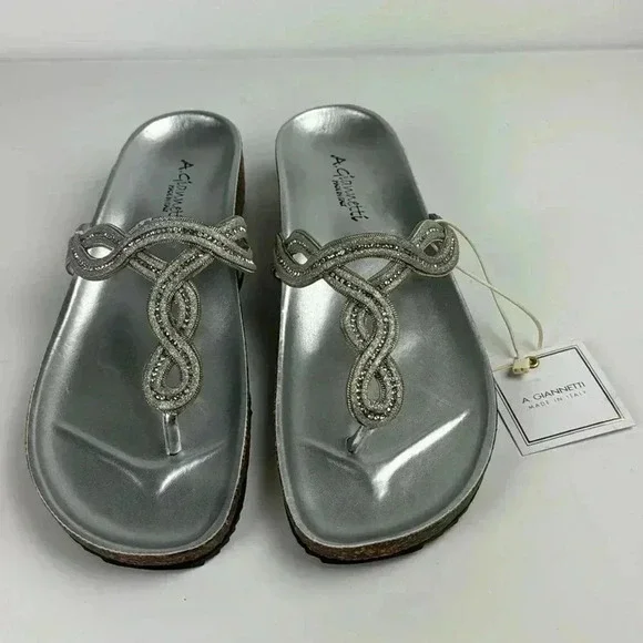 SILVER SANDALS A.GIANNETTI MADE IN ITALY SZ 9 NWT CORK SOLE THONG W/ RHINESTONE - Picture 1 of 8